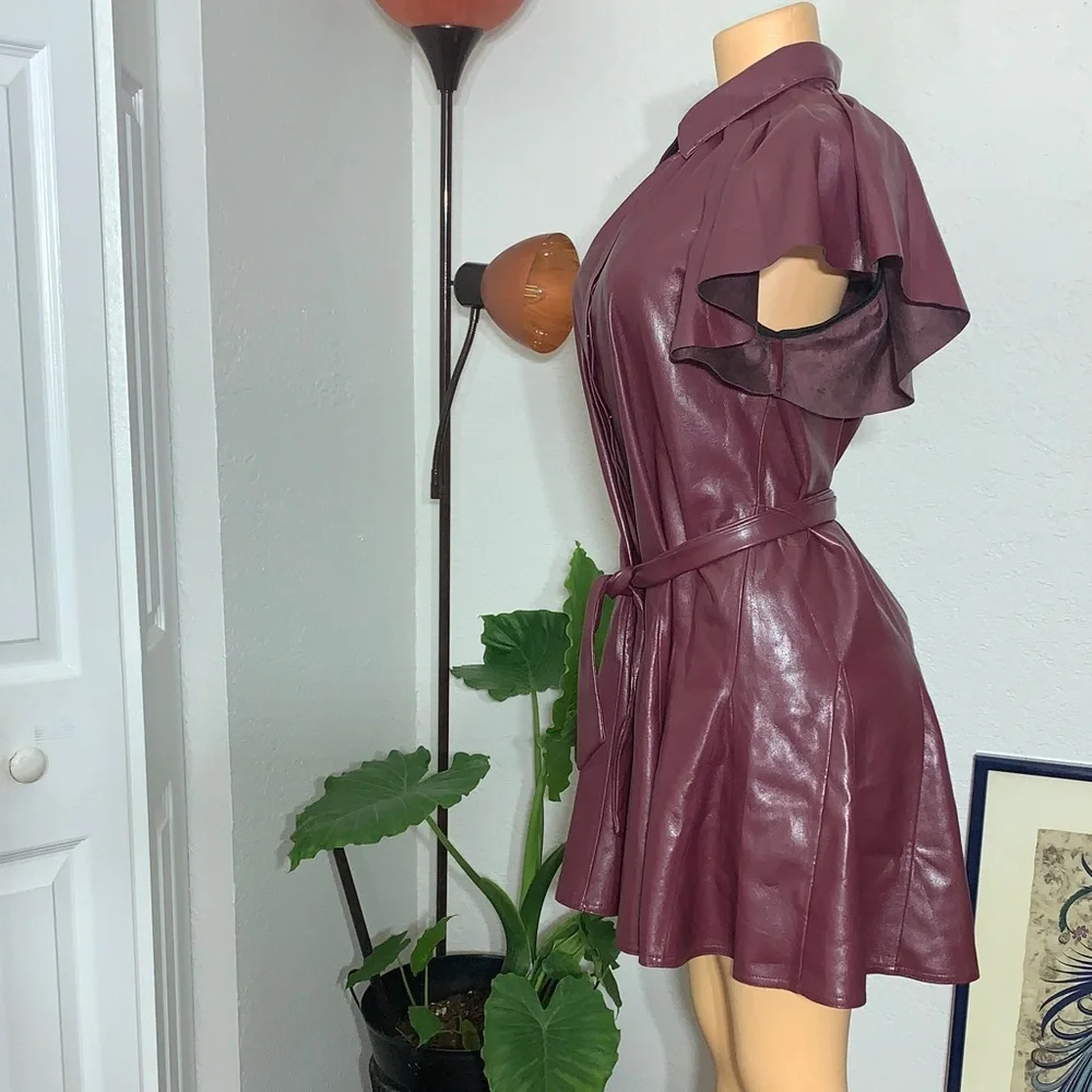 Elan Maroon Faux Leather Dress with Tie - Picture 6 of 9